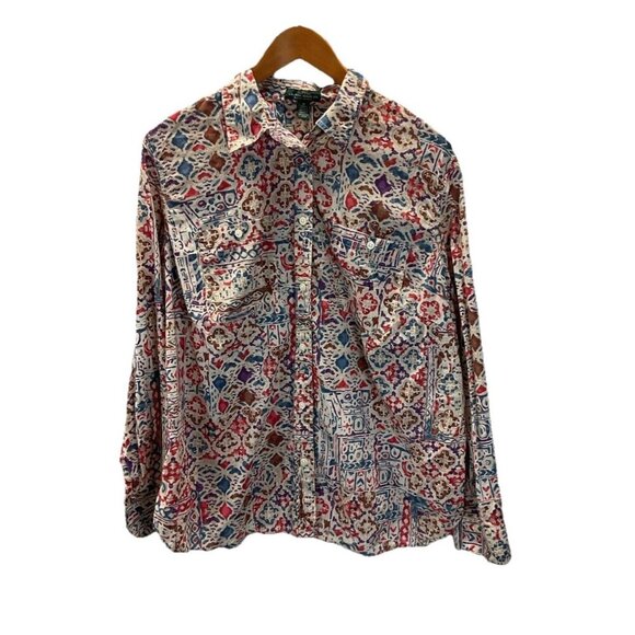 Lauren Ralph Lauren lightweight Western aztec Button Down roll‎ tab size 1X - Picture 1 of 16
